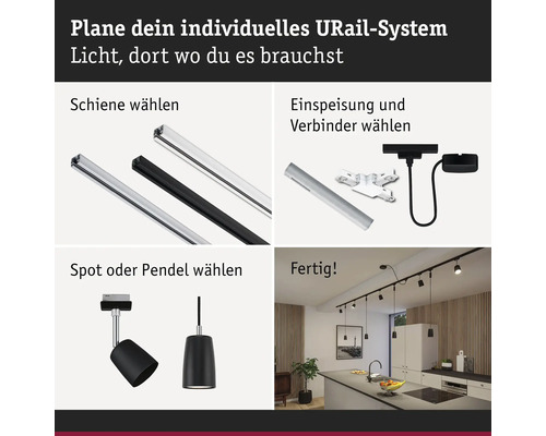 Darstellung eines URail Systems mit Schienen, Verbindern, Strahlern und Pendelleuchten zur individuellen Lichtplanung.