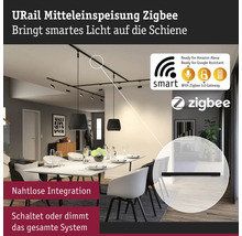 URail Mitteleinspeisung Zigbee in einem Esszimmer mit Esstisch und Pendelleuchten.