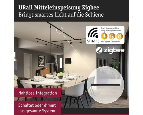 URail Mitteleinspeisung Zigbee in einem Esszimmer mit Esstisch und Pendelleuchten.