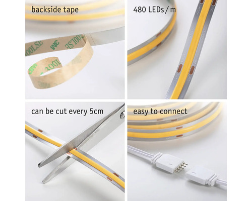 LED Streifen mit Klebeband, 480 LEDs pro Meter, alle 5 cm zuschneidbar, einfaches Verbinden