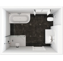 Draufsicht eines Badezimmers mit Badewanne, Dusche, Toilette und Waschbecken