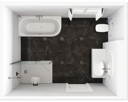 Draufsicht eines Badezimmers mit Badewanne, Dusche, Toilette und Waschbecken