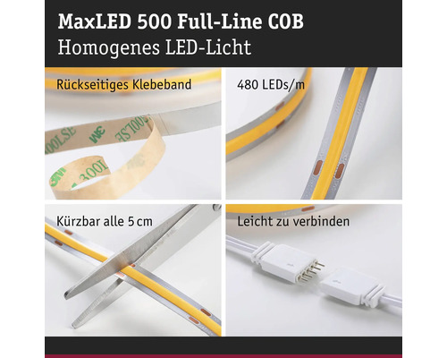 MaxLED 500 Full-Line COB LED-Licht mit rückseitigem Klebeband, 480 LEDs pro Meter, kürzbar alle fünf Zentimeter und leicht zu verbinden.