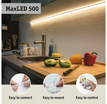 MaxLED 500 LED-Streifen in einer Küchenszene mit Gemüsedekoration, einfache Installation und Steuerung