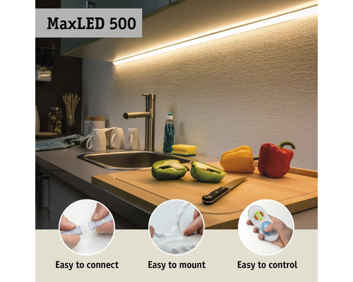 MaxLED 500 LED-Streifen in einer Küchenszene mit Gemüsedekoration, einfache Installation und Steuerung
