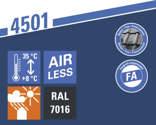 Informationen zu Dachziegel 4501: Temperaturbeständigkeit, Luftzirkulation, Regenschutz, RAL 7016, Beton-Ton-Faserzement und Fungizidausstattung.