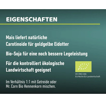 Informationen zu den Eigenschaften des Produkts, inklusive Hinweis auf natürliche Carotinoide, Bio-Soja und Eignung für die ökologische Landwirtschaft, mit zugehörigem Siegel.