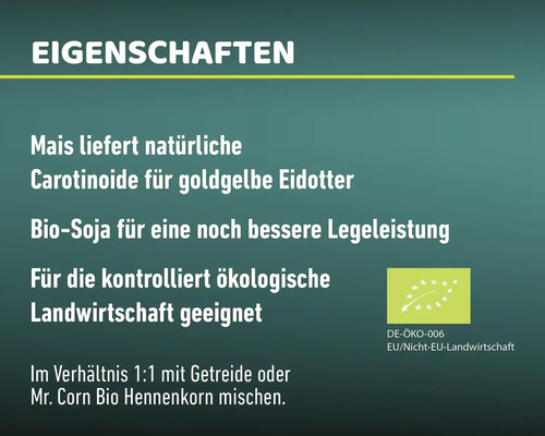 Informationen zu den Eigenschaften des Produkts, inklusive Hinweis auf natürliche Carotinoide, Bio-Soja und Eignung für die ökologische Landwirtschaft, mit zugehörigem Siegel.