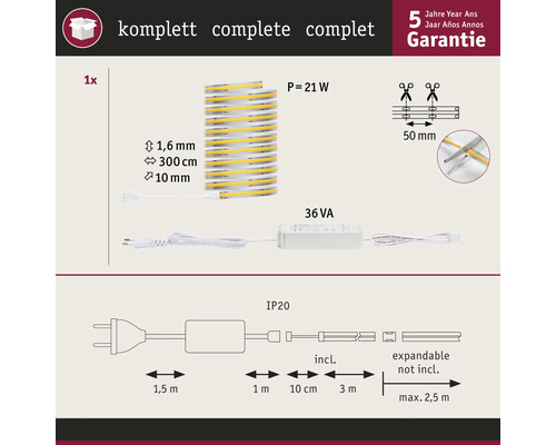 Komplettes LED-Streifen Set mit den Spezifikationen und der fünf Jahres Garantie
