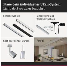 Planung eines individuellen URail-Systems: Auswahl von Schienen, Einspeisung, Verbindern, Spots oder Pendelleuchten für die Beleuchtung.