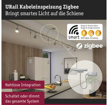 URail Kabeleinspeisung Zigbee in einer modernen Küche mit Schienensystem und Smart Home Integration.