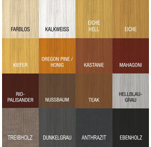 Farbmuster verschiedener Holzlasuren: farblos, kalkweiß, Eiche hell, Eiche, Kiefer, Oregon Pine, Honig, Kastanie, Mahagoni, Rio-Palisander, Nussbaum, Teak, Hellblau-Grau, Treibholz, Dunkelgrau, Anthrazit, Ebenholz