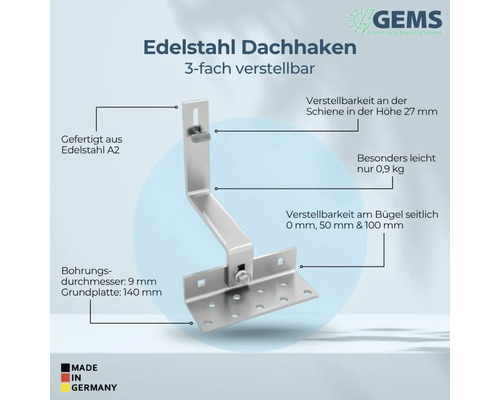 Edelstahl Dachhaken, dreifach verstellbar, gefertigt aus Edelstahl A2 mit einem Bohrungsdurchmesser von 9 mm und einer Grundplatte von 140 mm. Hergestellt in Deutschland.