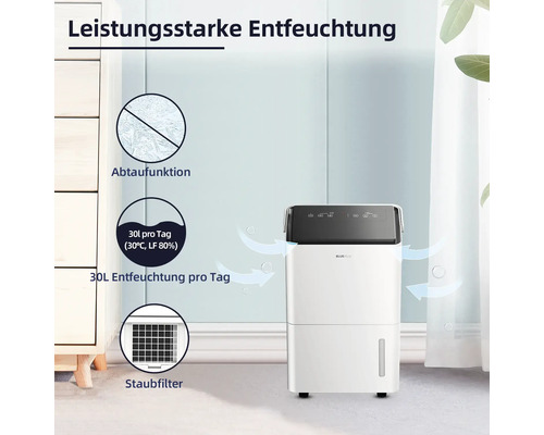 Weißer Luftentfeuchter mit Abtaufunktion, 30 Liter Entfeuchtungsleistung pro Tag und Staubfilter
