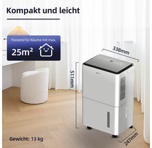 Abbildung eines weißen Luftentfeuchters mit Größenangaben und einer maximalen Raumgröße von 25 Quadratmetern.