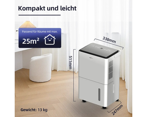 Abbildung eines weißen Luftentfeuchters mit Größenangaben und einer maximalen Raumgröße von 25 Quadratmetern.