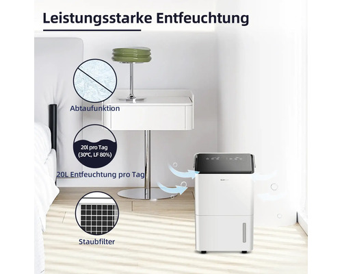 Luftentfeuchter mit Abtaufunktion und Staubfilter in einem Schlafzimmer