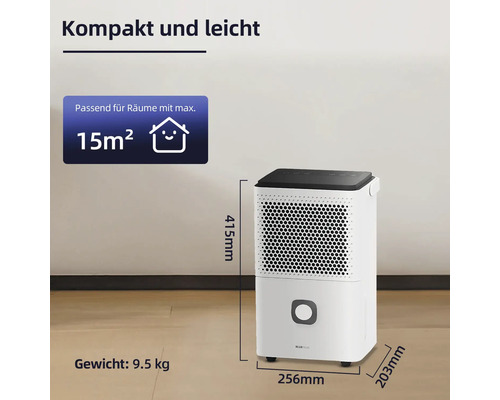 Luftentfeuchter in Weiß mit technischen Details wie Gewicht, Raumgröße und Maßen