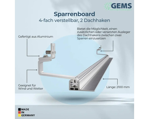 Vierfach verstellbares Sparrenboard mit zwei Dachhaken aus Aluminium, geeignet für Wind und Wetter, Länge 2100 Millimeter