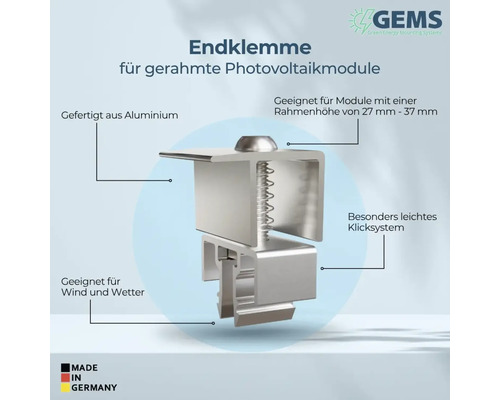 Endklemme für gerahmte Photovoltaikmodule aus Aluminium, geeignet für Modulrahmenhöhe 27 bis 37 Millimeter