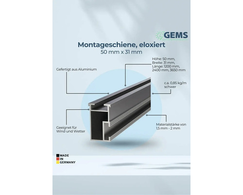 Eloxierte Montageschiene aus Aluminium, 50 x 31 Millimeter, geeignet für Wind und Wetter