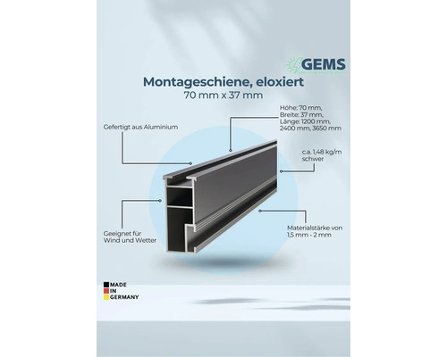 Montageschiene aus Aluminium, eloxiert, 70 x 37 mm, geeignet für Wind und Wetter