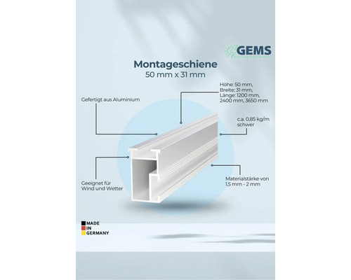 Montageschiene aus Aluminium, 50 x 31 Millimeter, geeignet für Wind und Wetter