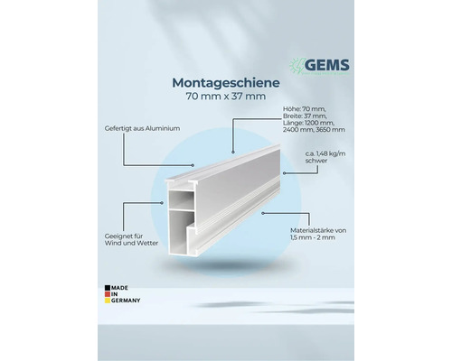 Montageschiene aus Aluminium, 70 mm x 37 mm, geeignet für Wind und Wetter