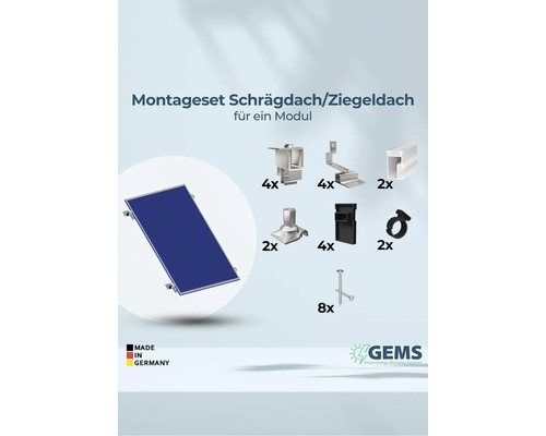 Montageset für Schrägdach oder Ziegeldach zur Installation eines Solarmoduls mit Halterungen und Schrauben