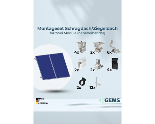 Montageset für Schrägdach oder Ziegeldach für zwei Module nebeneinander, inklusive Montagematerial und Made in Germany Kennzeichnung, GEMS Green Energy Mounting Systems Logo