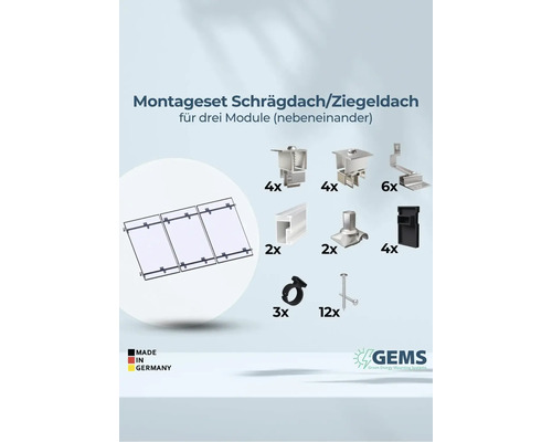 Montageset für Schräg- und Ziegeldächer zur Installation von drei Solarmodulen nebeneinander