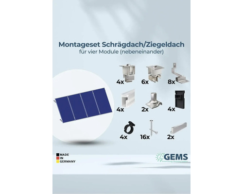 Montageset für Schrägdach oder Ziegeldach zur Montage von vier Solarmodulen nebeneinander