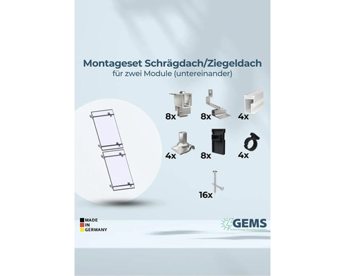 Montageset für Schrägdach oder Ziegeldach zur Befestigung von zwei Solarmodulen übereinander, inklusive Montagematerial und Schrauben. Hergestellt in Deutschland.
