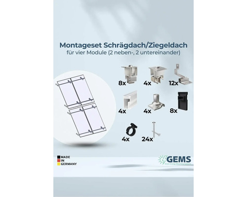 Montageset für Schrägdach oder Ziegeldach für vier Module mit Montagezubehör