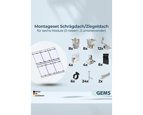 Montageset für Schrägdach oder Ziegeldach für sechs Module mit verschiedenen Halterungen und Schrauben
