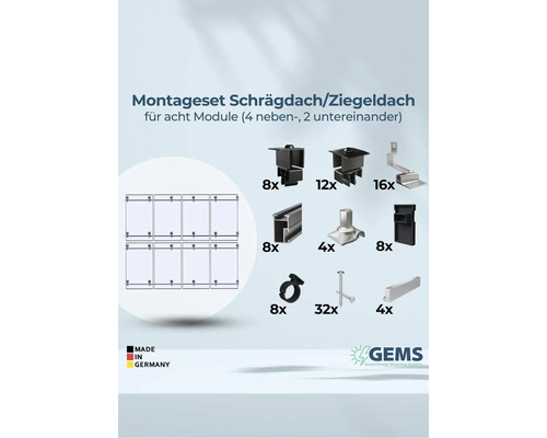 Montageset für Schräg- oder Ziegeldach mit acht Modulen und Made in Germany Siegel