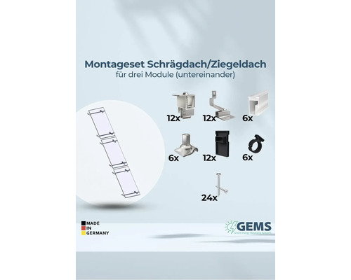 Montageset für Schrägdach oder Ziegeldach für drei Module mit verschiedenen Montageelementen und Schrauben