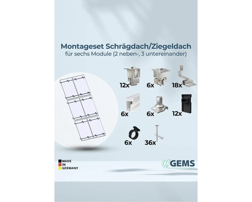 Montageset für Schräg- beziehungsweise Ziegeldach für sechs Module, inklusive Montagematerial und GEMS Logo