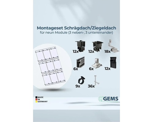 Montageset für Schräg- und Ziegeldächer zur Installation von neun Solarmodulen, inklusive Montagematerial und GEMS Green Energy Mounting Systems Logo, hergestellt in Deutschland