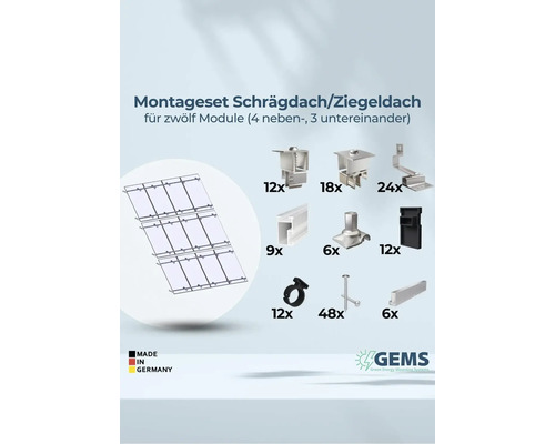 Montageset für Schrägdach oder Ziegeldach für zwölf Solarmodule und Montagezubehör