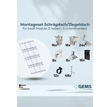 Montageset für Schrägdach oder Ziegeldach zur Befestigung von zwölf Solarmodulen, bestehend aus verschiedenen Halterungen, Klemmen und Schrauben. Made in Germany.