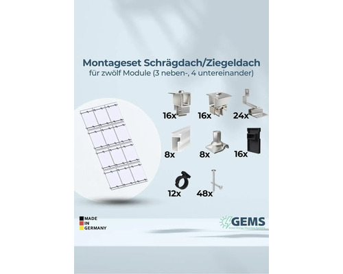 Montageset für Schrägdach oder Ziegeldach zur Befestigung von zwölf Solarmodulen, bestehend aus verschiedenen Halterungen, Klemmen und Schrauben. Made in Germany.
