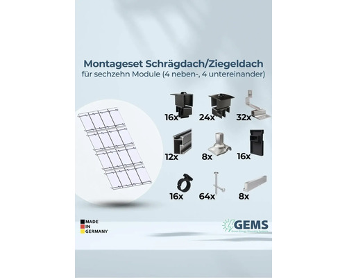 Montageset für Schräg- und Ziegeldächer für sechzehn Module, inklusive Befestigungsmaterial und Made in Germany Kennzeichen