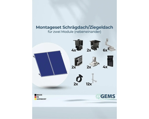 Montageset für Schrägdach oder Ziegeldach zur Installation von zwei Solarmodulen nebeneinander, inklusive Befestigungsmaterial und GEMS Logo