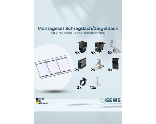 Montageset für Schrägdach oder Ziegeldach zur Montage von drei nebeneinanderliegenden Modulen