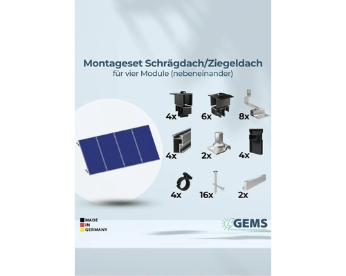 Montageset für Schräg- und Ziegeldächer für vier Module mit Zubehörteilen und GEMS Logo