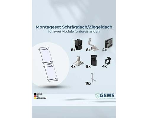 Montageset für Schrägdach oder Ziegeldach für zwei Solarmodule, inklusive Montagematerial
