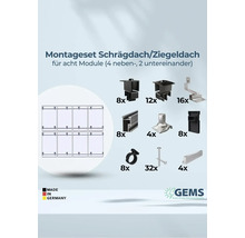 Montageset für Schrägdach oder Ziegeldach für acht Module mit Montagezubehör und Gems Green Energy Mounting Systems Logo