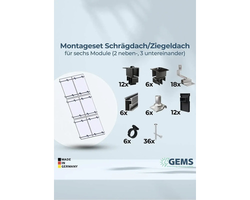 Montageset für Schräg- und Ziegeldächer für sechs Module mit Zubehör