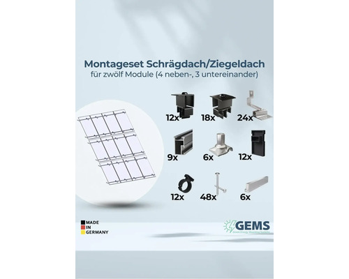 Montageset für Schrägdach oder Ziegeldach für zwölf Module mit Made in Germany Siegel und GEMS Green Energy Mounting Systems Logo